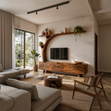 Contemporary Wood TV Cabinet With Curved Shelf For Living Storage