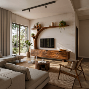 Contemporary Wood TV Cabinet With Curved Shelf For Living Storage