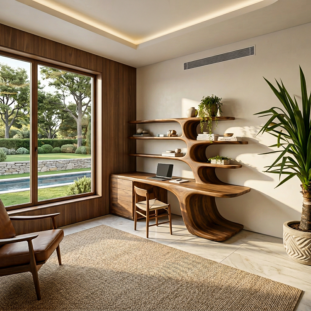 Modern Wood Desk With Built In Bookshelves For Workspace