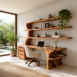Sculptural Wood Desk With Curved Shelving And Drawer For Office