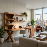 Contemporary Wood Desk With Curved Bookshelves For Home Office