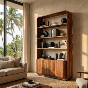 Modern Curved Frame Wood Bookshelf With Cabinets