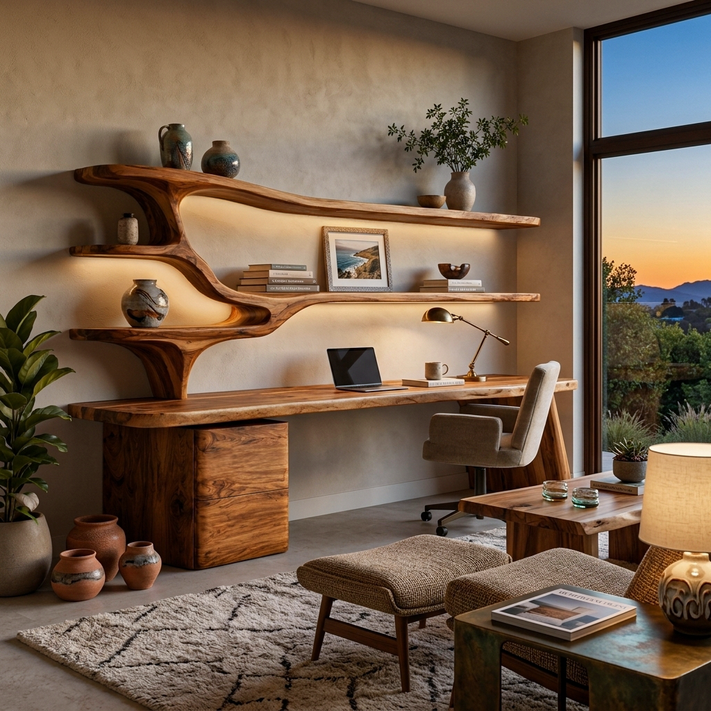 Contemporary Wood Desk With Sculptural Bookshelves For Workspace
