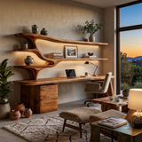 Contemporary Wood Desk With Sculptural Bookshelves For Workspace