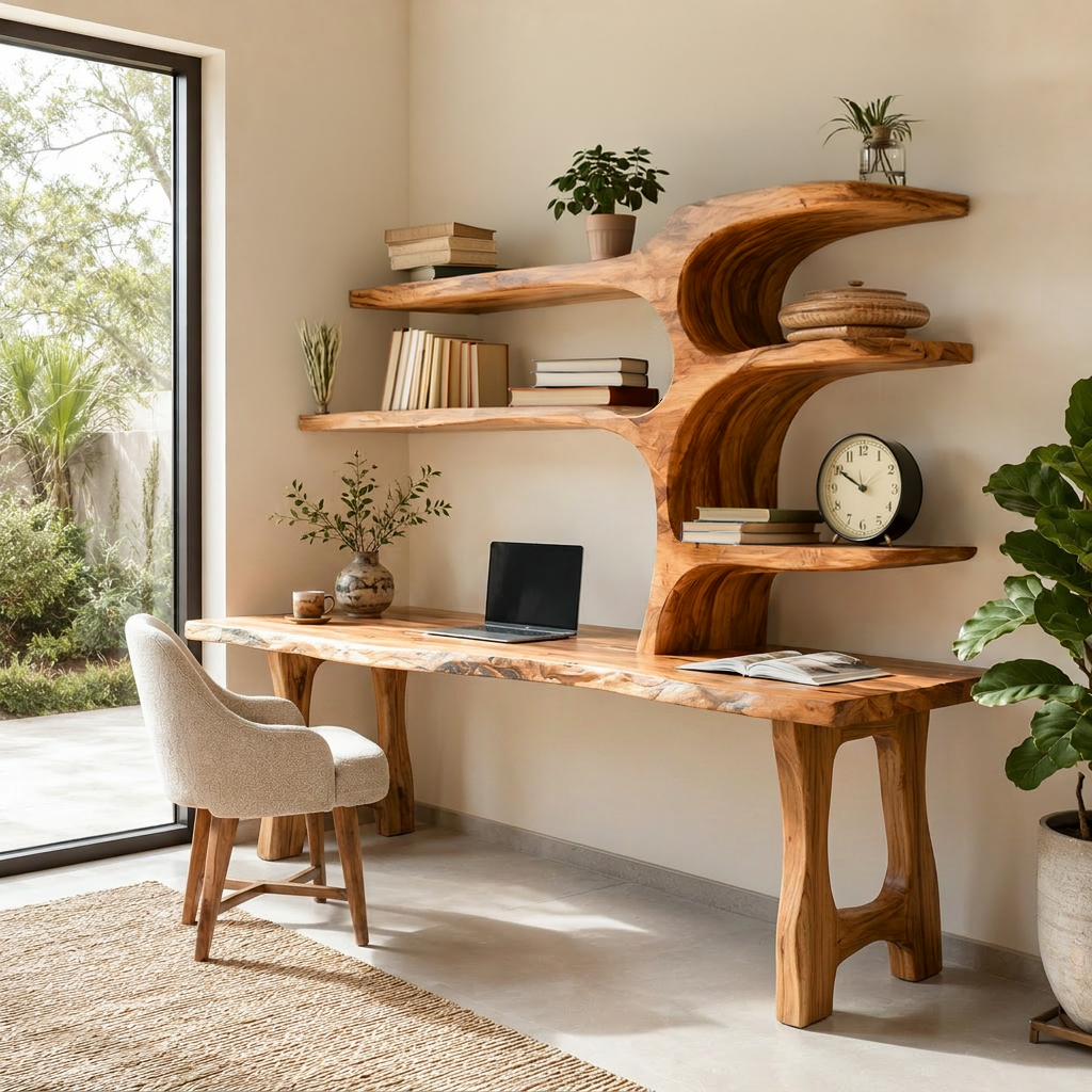 Handcrafted Wood Desk With Open Shelves For Workspace Decor