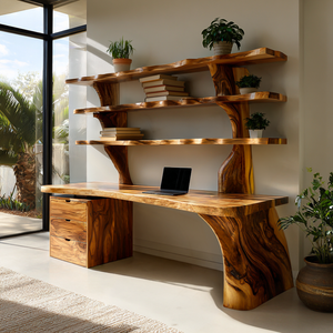 Organic Wood Desk With 3-Tier Integrated Bookshelf For Study Room