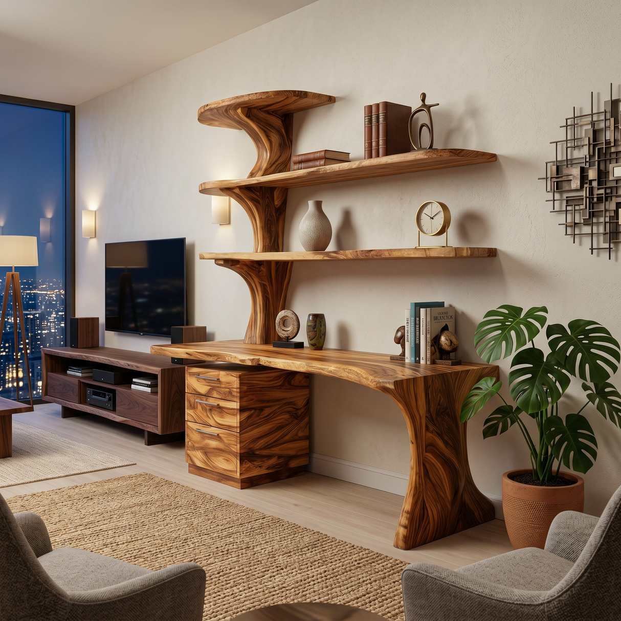 Modern Wooden Desk With Built In Bookshelves For Office Decor