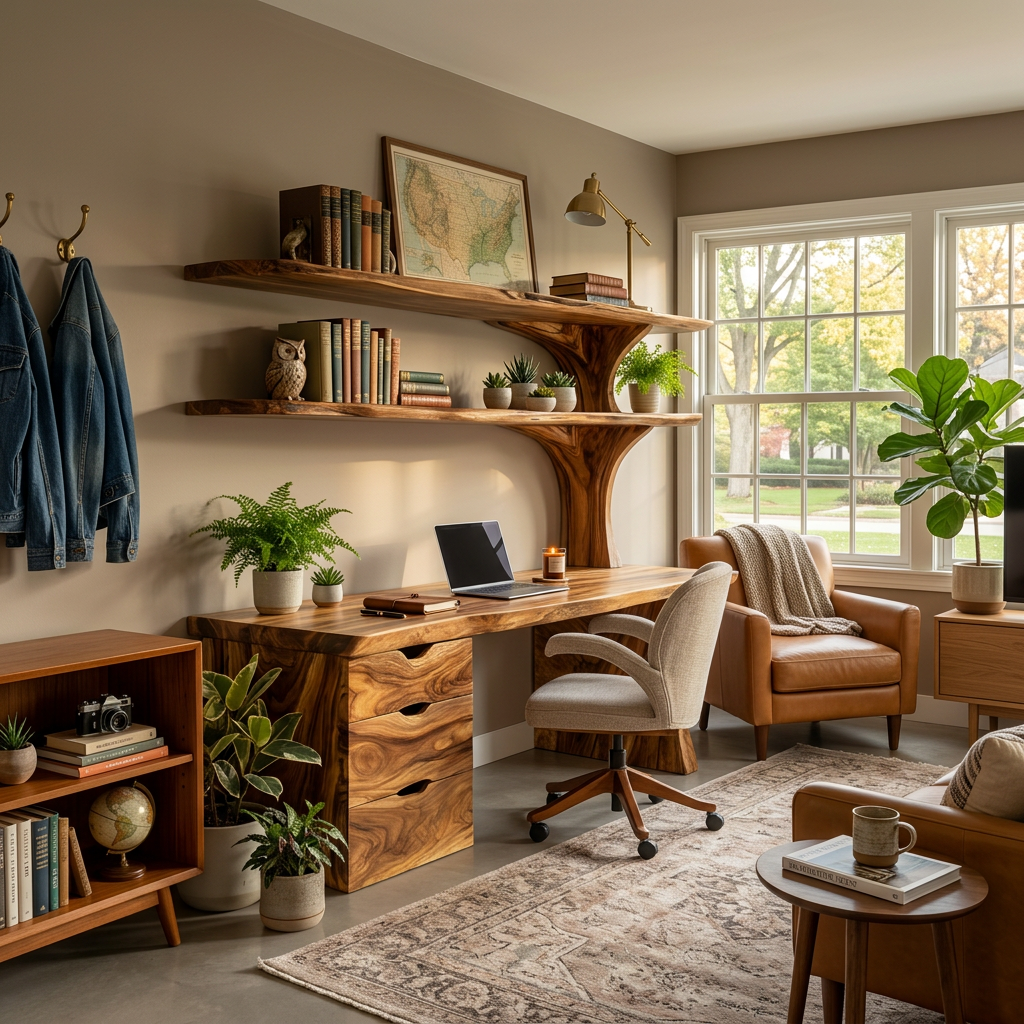 Wooden Desk With Integrated Shelving And Drawer For Contemporary Office