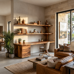 Wooden Desk With Open Bookcase And Drawers For Modern Workspace