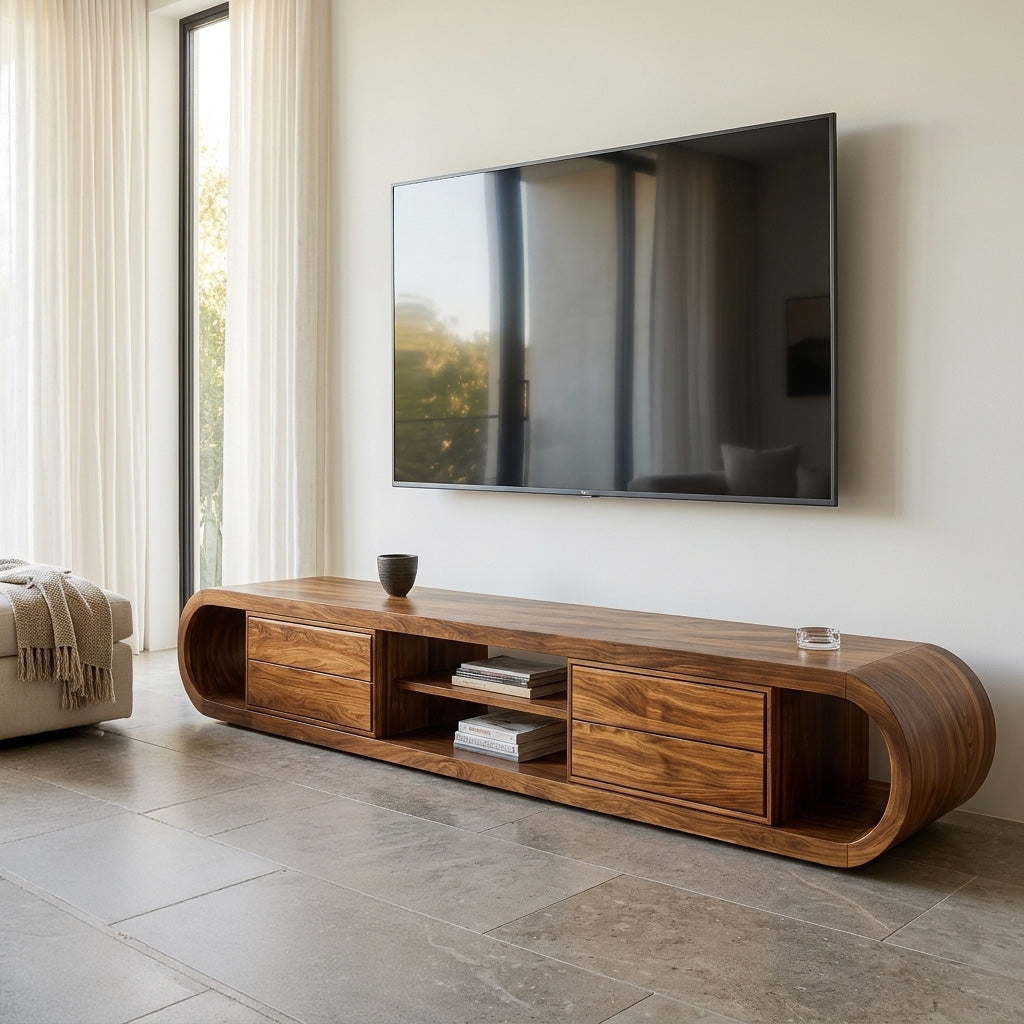 Organic Wooden TV Stand With Rounded Edges For Living Decor