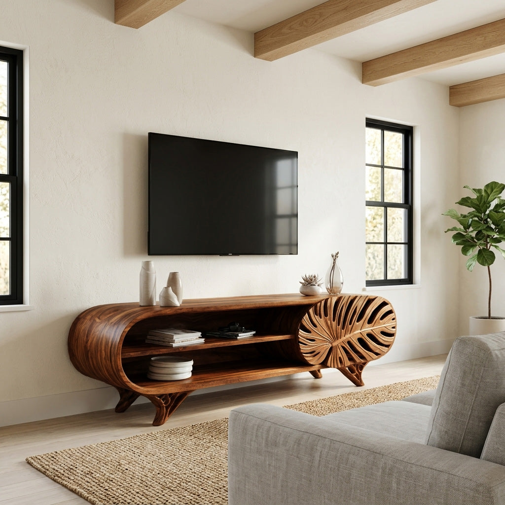 Modern Wooden TV Cabinet With Leaf Shape Door For Living
