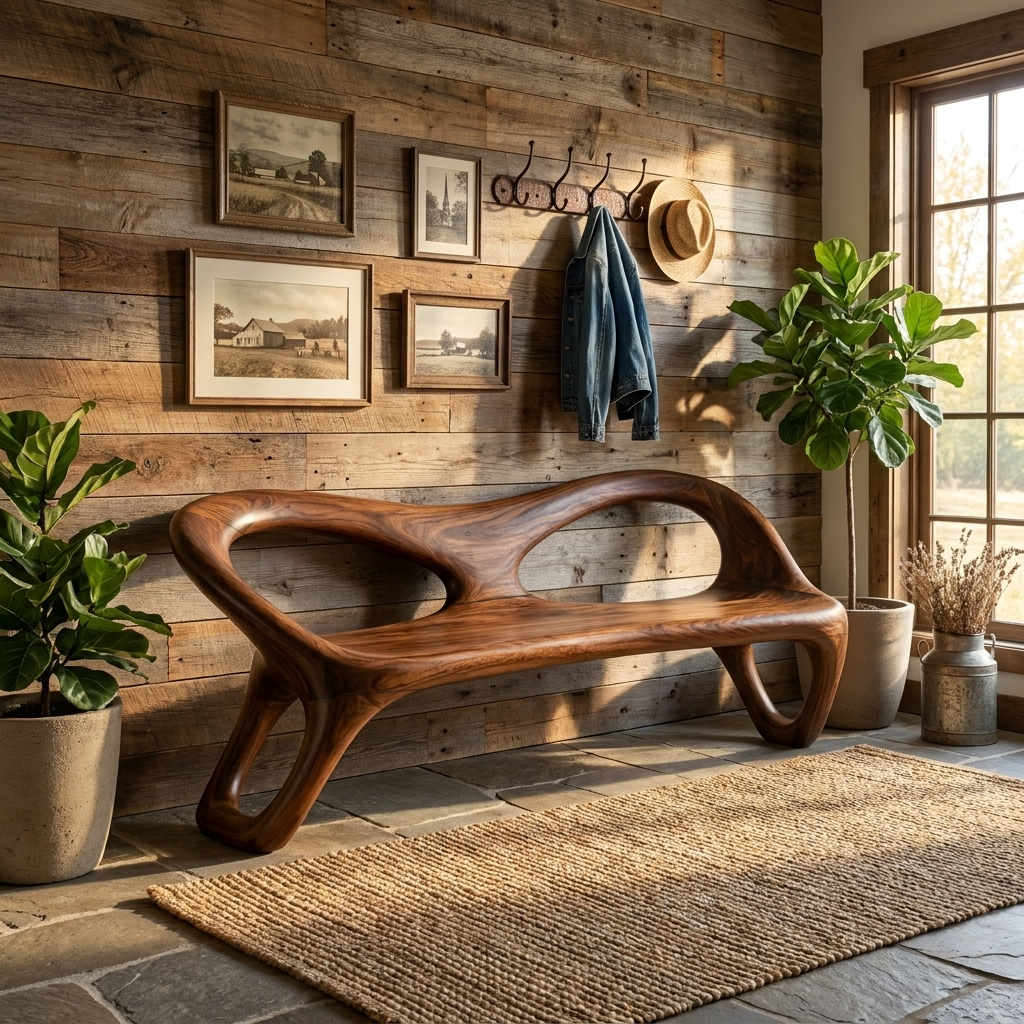 Organic Sculptural Hallway Bench With Soft Curved Frame For Home