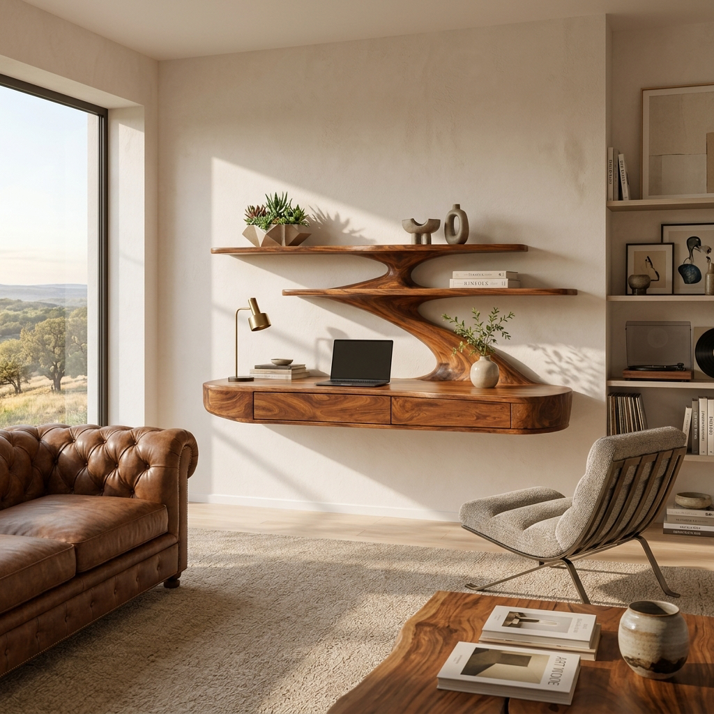 Floating Wooden Desk With Curved Upper Shelf Frame For Workspace