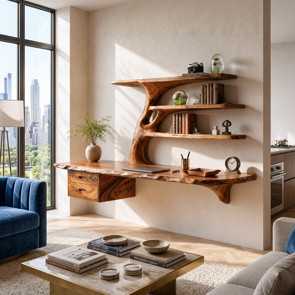 Wood Floating Desk With Multi Level Organic Shelves For Office