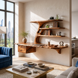 Wood Floating Desk With Multi Level Organic Shelves For Office