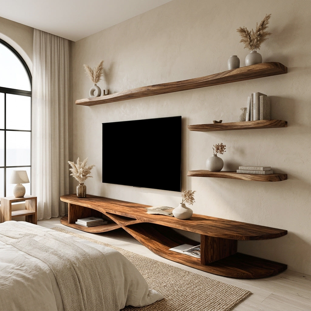 Modern Wooden Curved TV Stand For Living Room Media