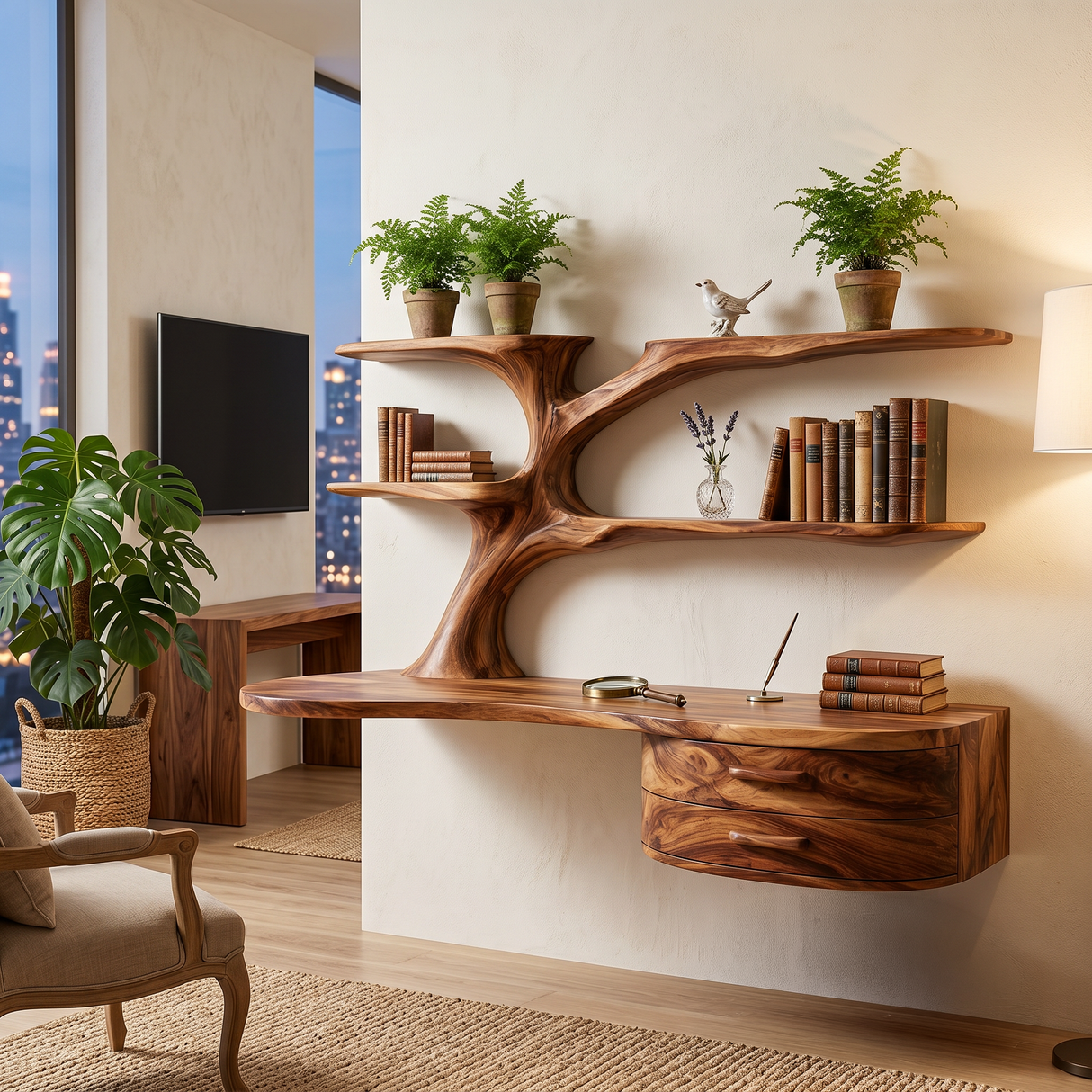 Rustic Wooden Desk With Sculptural Shelving And Drawer For Workspace