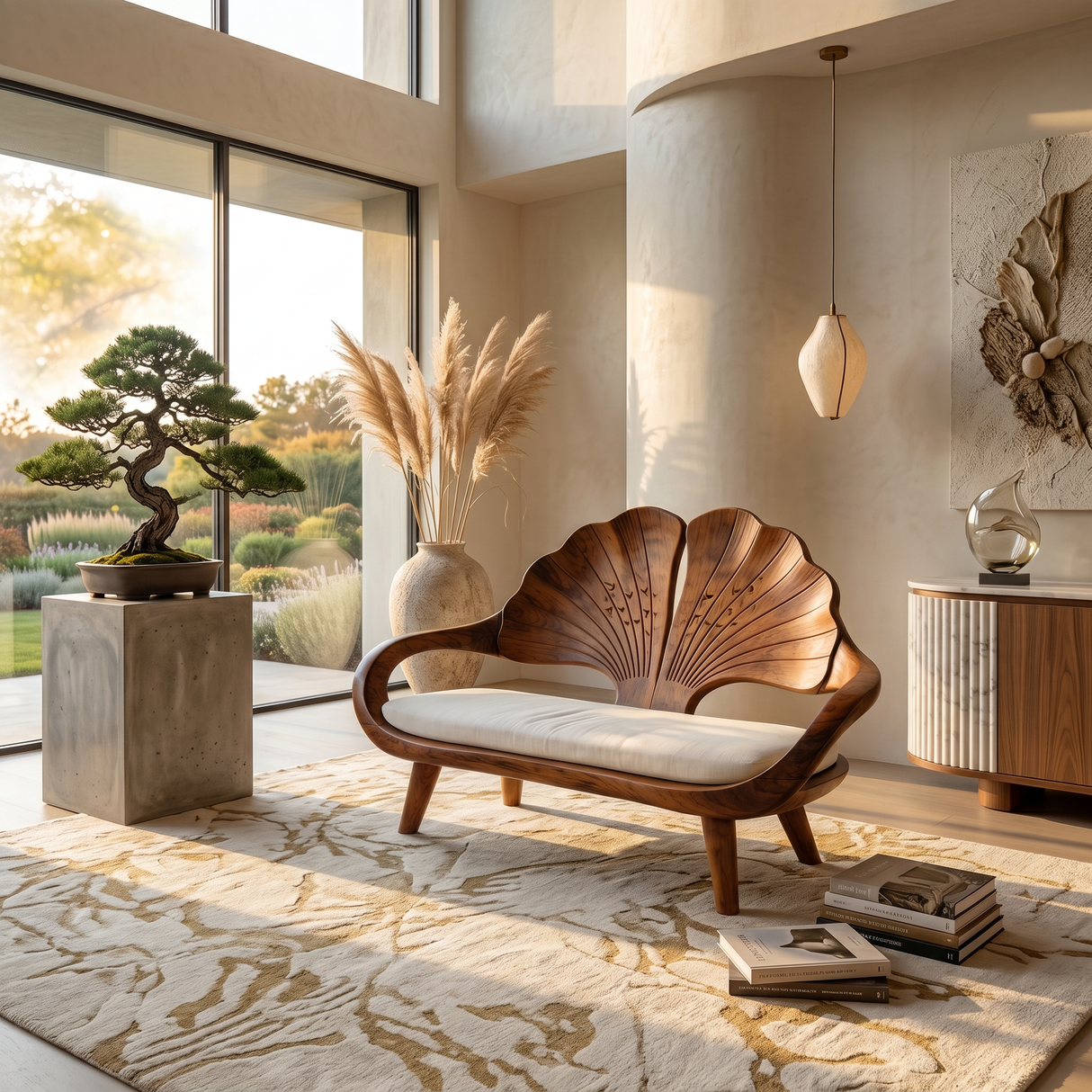 Minimalist Ginkgo Leaf Back Bench For Reading Interior Area