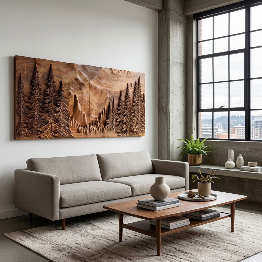Modern Forest Mountain Wood Wall Art For Living Room