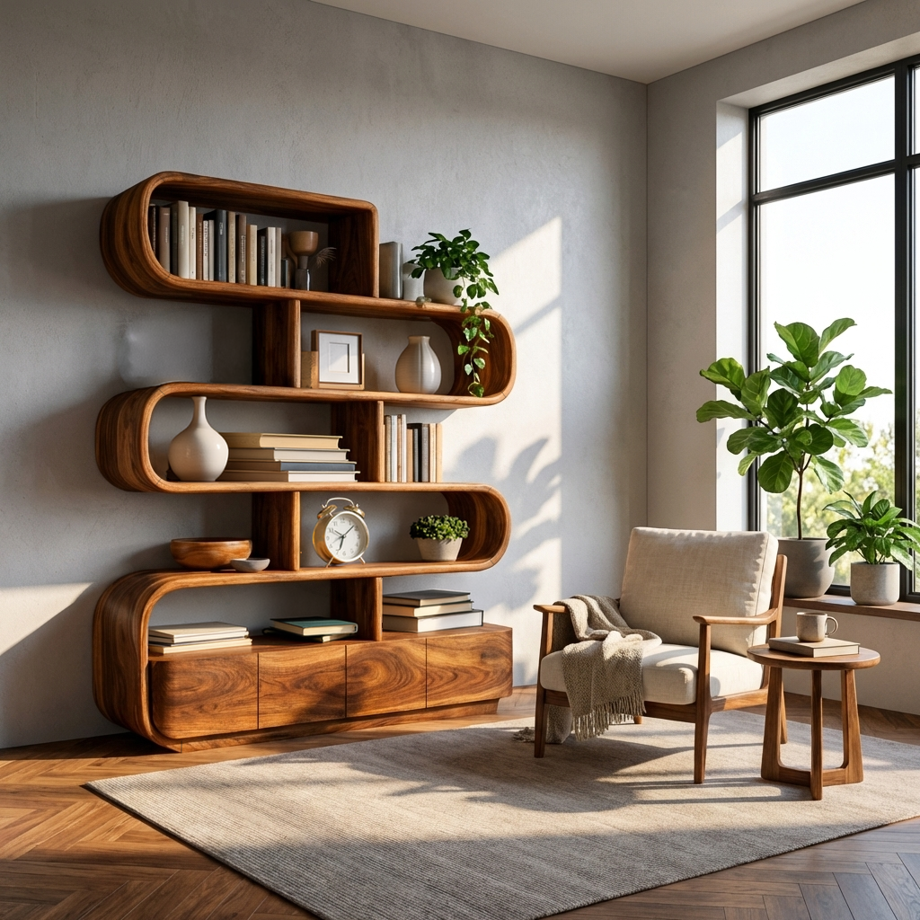 Organic Wooden Bookshelf With Flowing Form For Home Interior
