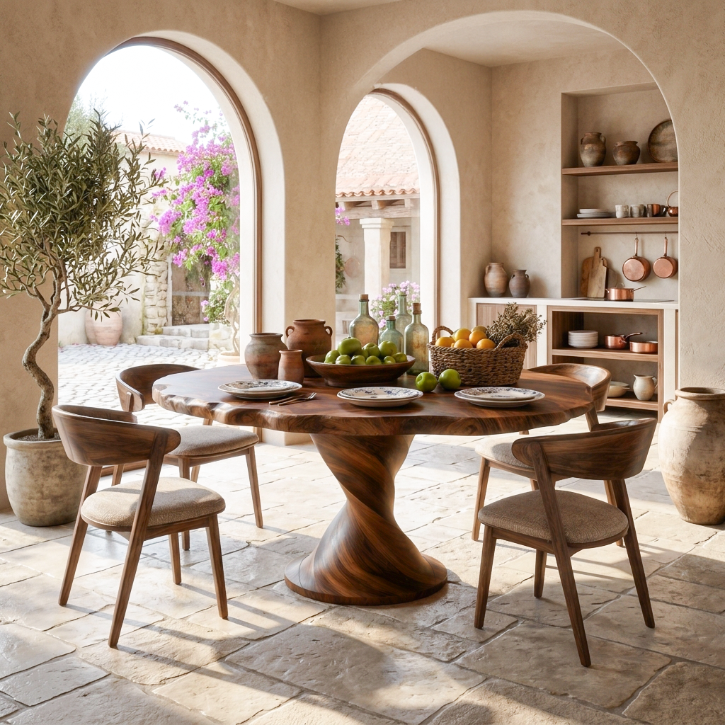 Scandinavian Round Dining Table With Spiral Base For Dining Room