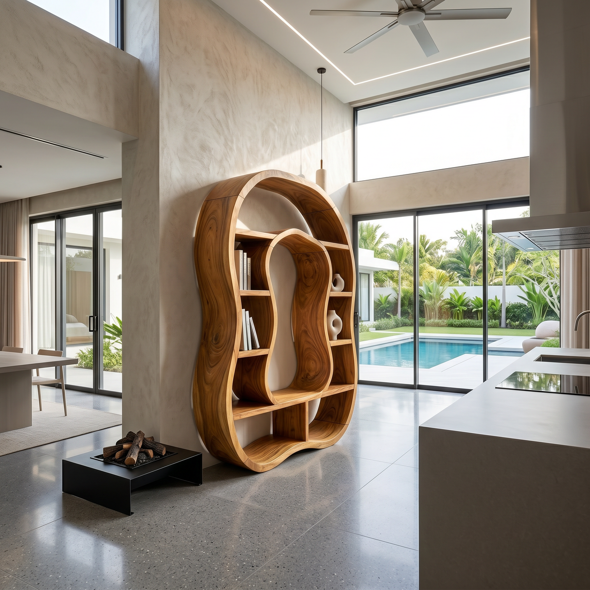 Sculptural Wooden Bookcase With Organic Open Design