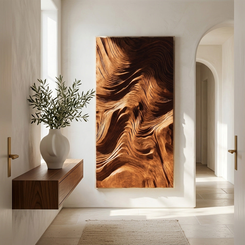 Contemporary Wave Carved Texture Wood Wall Art For Entryway