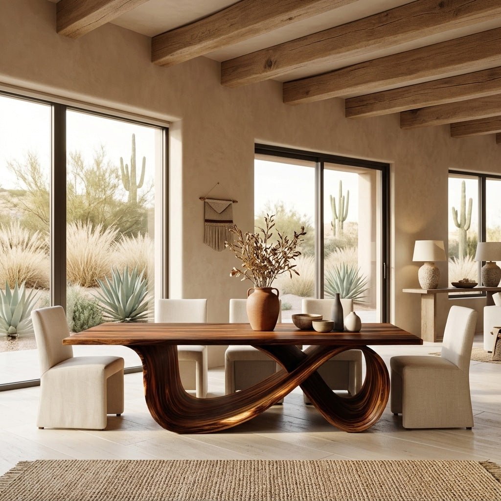 Organic Wood Dining Table With Infinity Loop Base For Kitchen