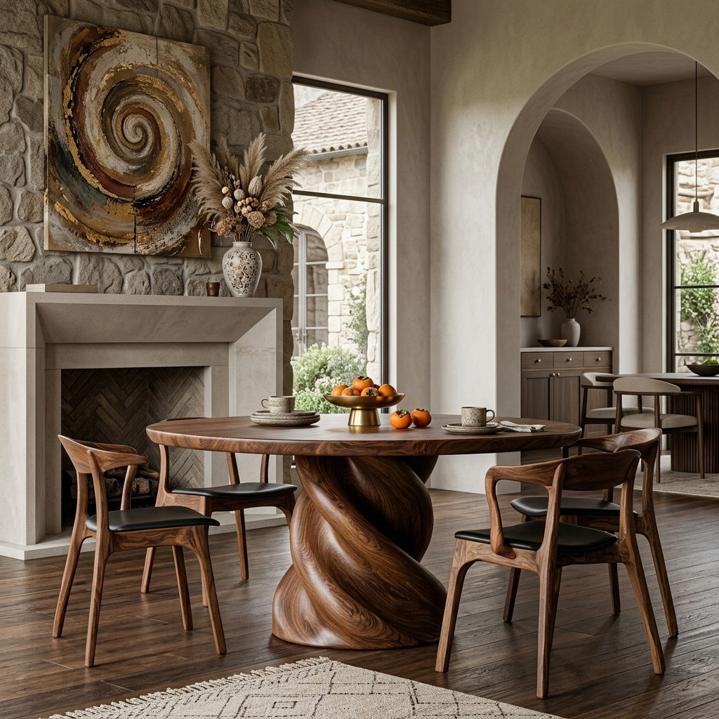 Organic Twisted Pedestal Round Wood Dining Table For Breakfast Nook