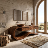 Organic Wooden Bathroom Vanity With Flowing Structure For Bathroom