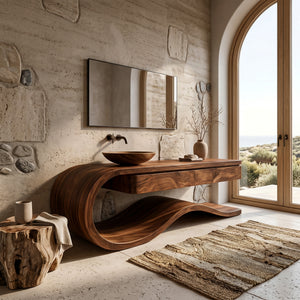 Organic Wooden Bathroom Vanity With Flowing Structure For Bathroom
