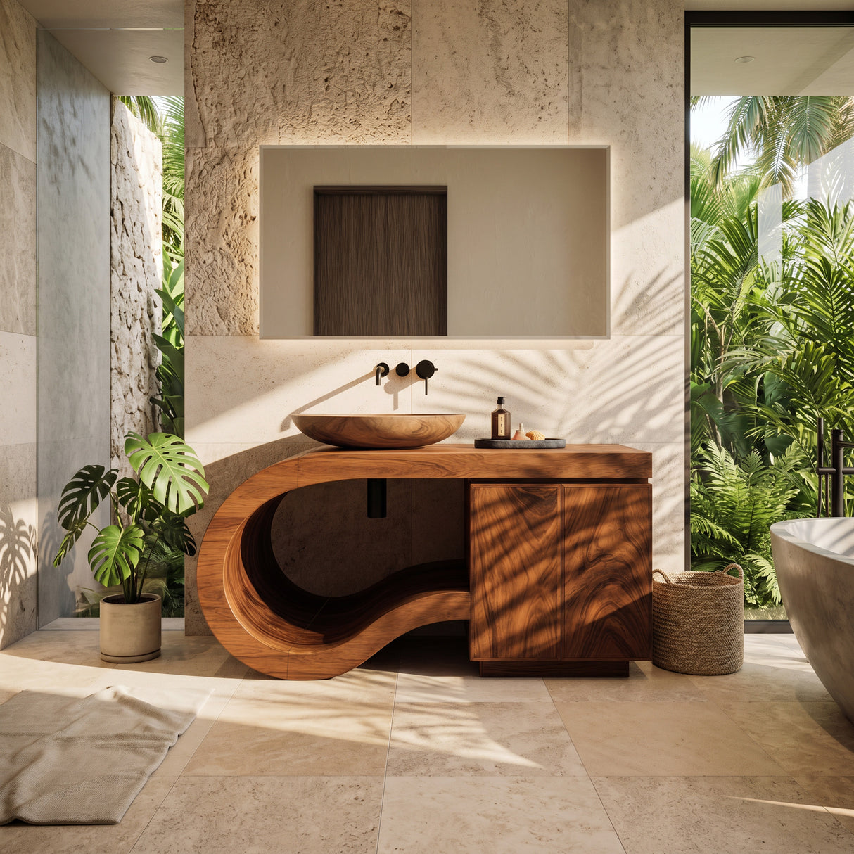 Modern Wooden Bathroom Vanity With Curved Pedestal For Bathroom