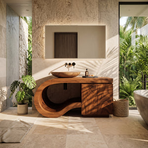 Modern Wooden Bathroom Vanity With Curved Pedestal For Bathroom