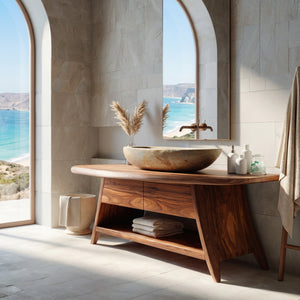 Organic Wood Bathroom Vanity With Open Storage For Bathroom