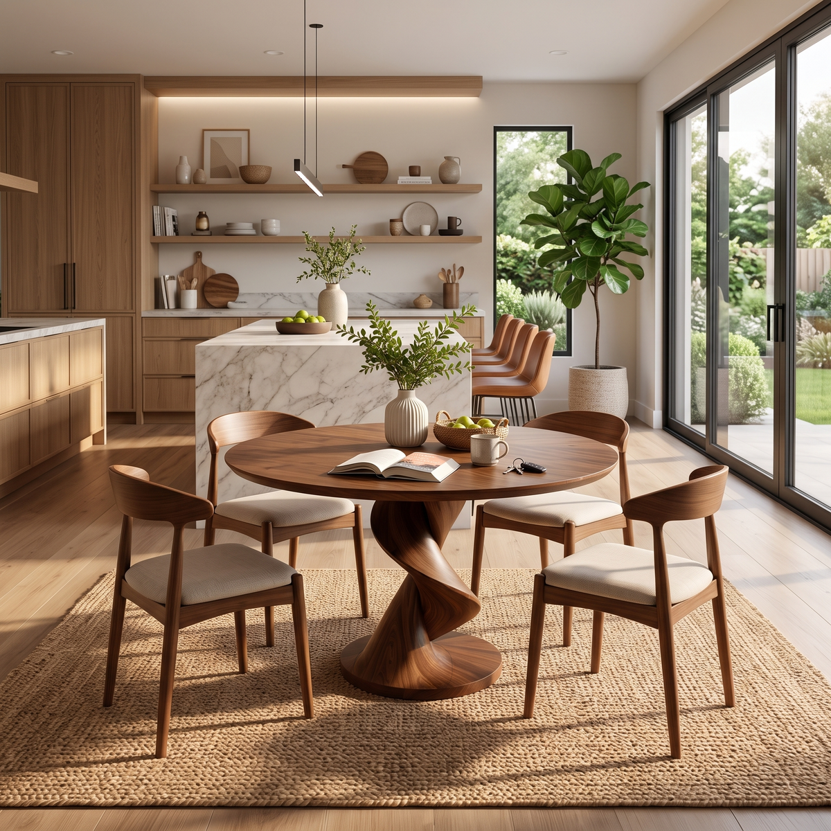 Modern Round Dining Table With Sculptural Spiral Pedestal For Kitchen