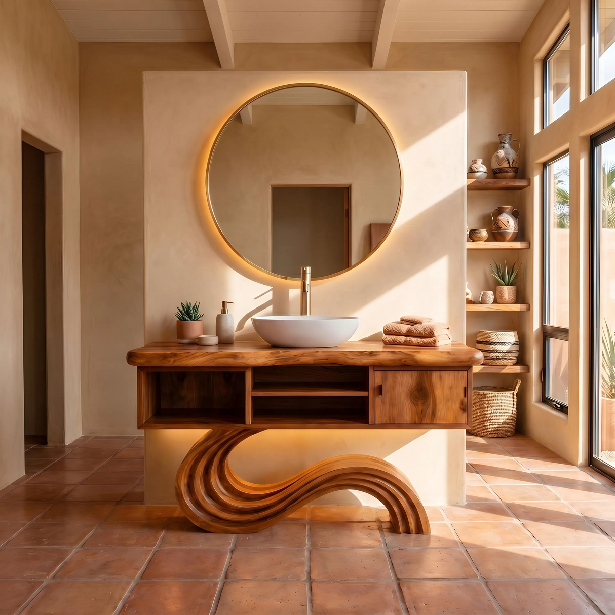 Modern Curved Vanity With Open Storage For Bathroom