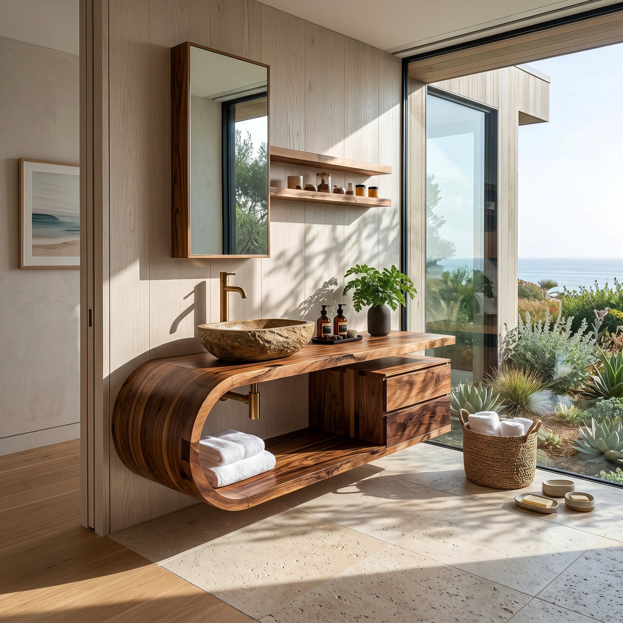 Organic Floating Bathroom Vanity With Rounded Edge For Bathroom