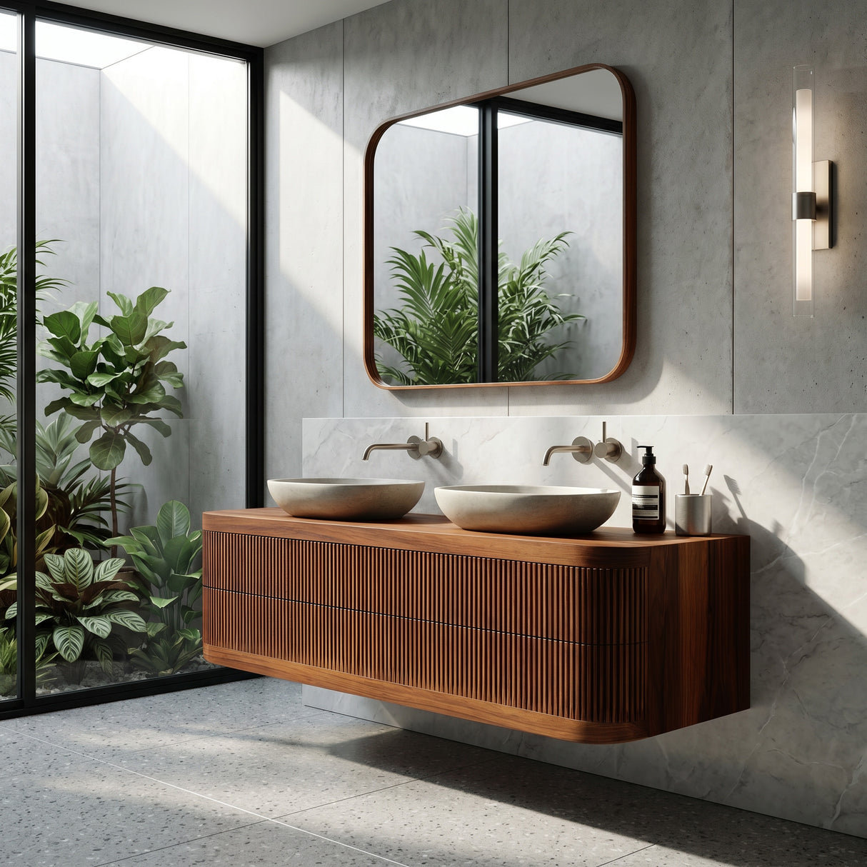 Contemporary Wooden Floating Bathroom Vanity With Fluted Front For Bathroom