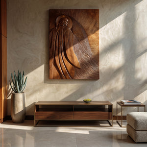 Contemporary Wooden Wall Art With Carved Figure For Living Room