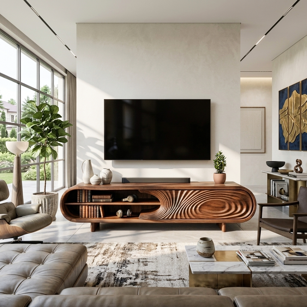 Modern Sculptural Wood TV Stand With Carved Door For Living Room