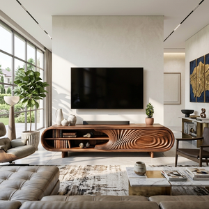 Modern Sculptural Wood TV Stand With Carved Door For Living Room