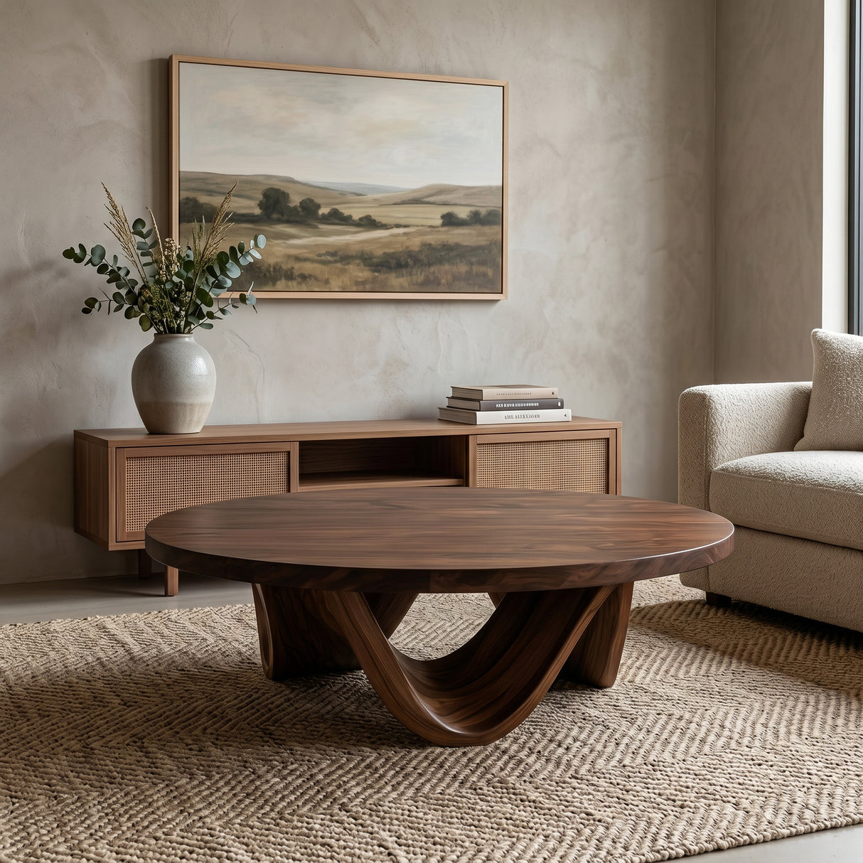Contemporary Round Coffee Table With Continuously Curved Base For Living