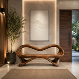 Fluid Wooden Bench With Artistic Open Frame For Hallway