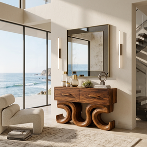 Rustic Wood Console Table With Unique Sculptural Base For Interior