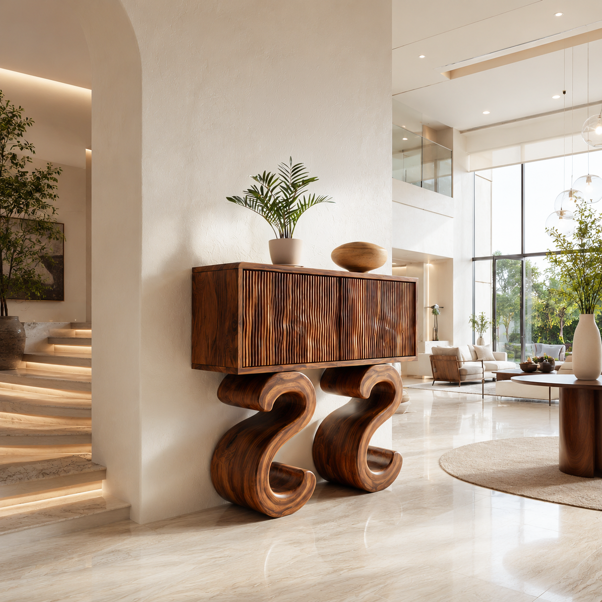 Wooden Console Table With Two S-shaped Base For Home Decor