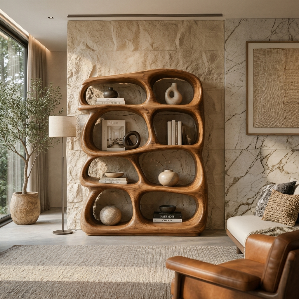 Organic Wooden Bookshelf With Sculptural Open Shelving For Living Room