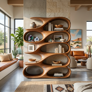 Modern Sculptural Bookshelf With Carved Flowing Shelves For Home