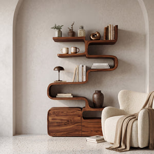 Scandinavian Sculptural Wooden Bookshelf For Living Room