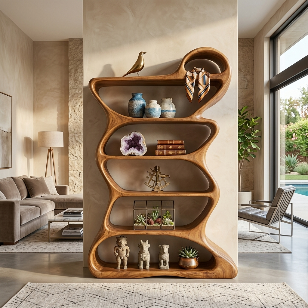 Wooden Bookshelf With Flowing Sculptural Silhouette For Living Room