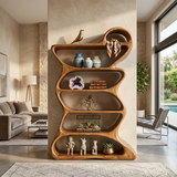 Wooden Bookshelf With Flowing Sculptural Silhouette For Living Room